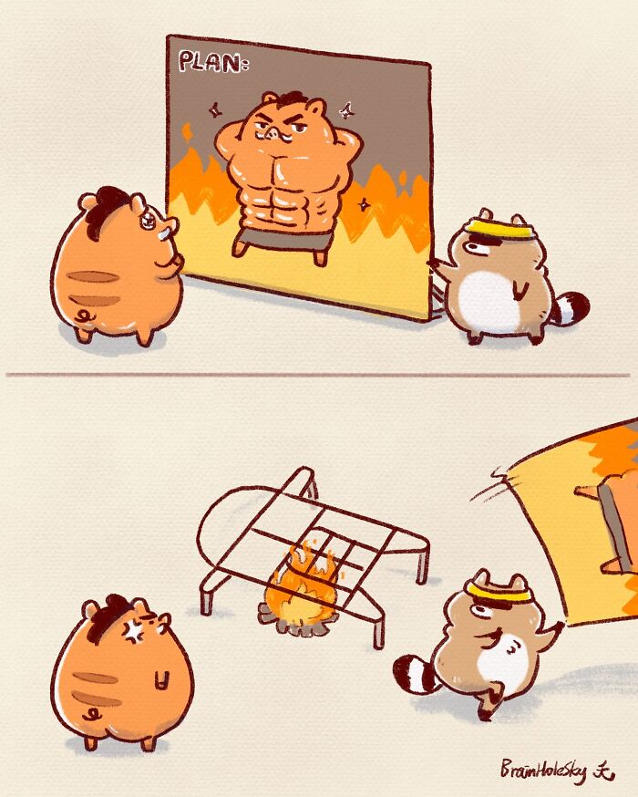 Cute animal characters share a hilariously relatable comic about workout plans and unexpected results.