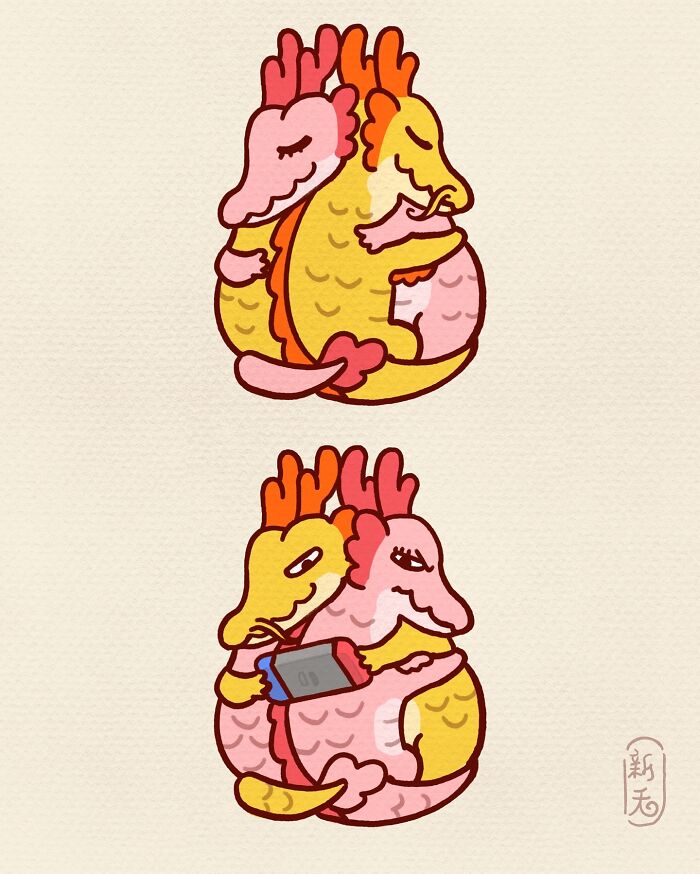 Cute animals in relatable comics by artist showing two dragon-like creatures hugging, one with a phone.