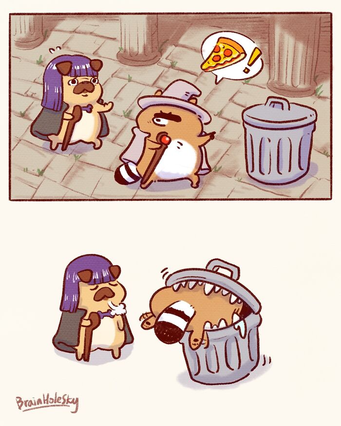 Comic panel shows cute animals in humorous scene with a raccoon diving into a trash can, featuring relatable animal comics.