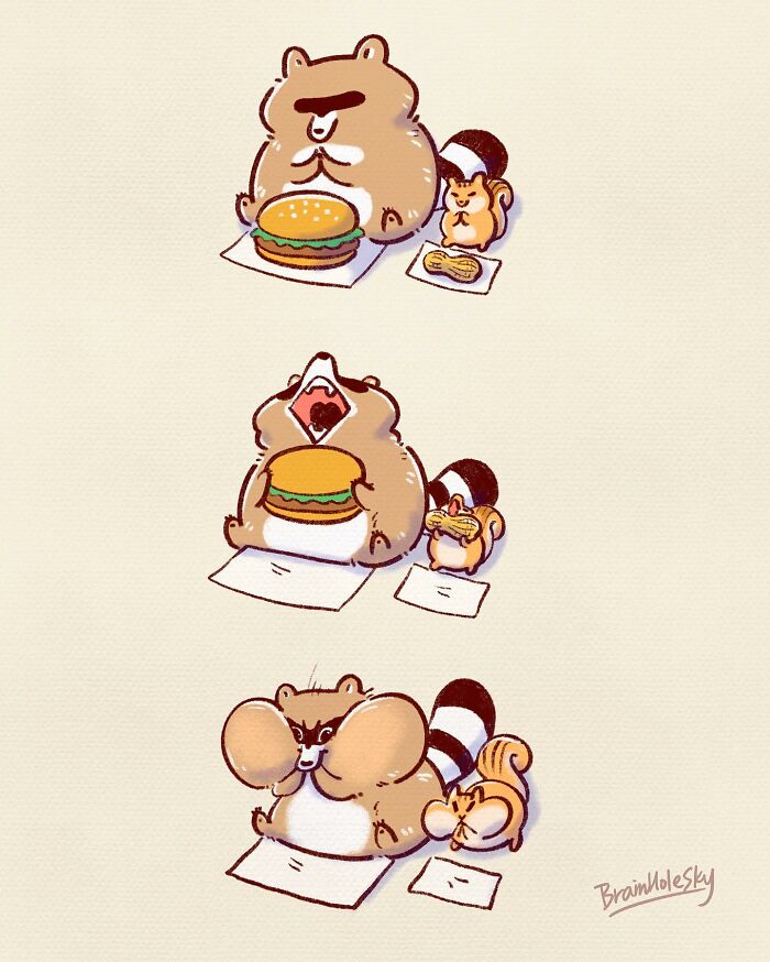 Hilariously relatable comic featuring cute animals eating a burger and peanuts in three funny scenes.