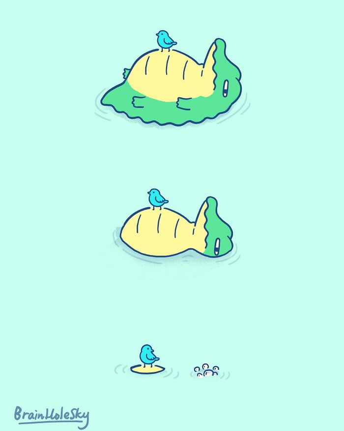 Cute animal comic showing a bird and a crocodile in a humorous and relatable cartoon style by the artist.