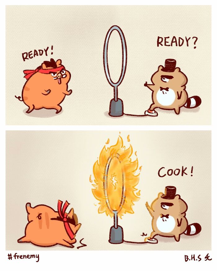 Cute animals in a hilarious relatable comic race through a flaming hoop in a funny, charming cartoon style.