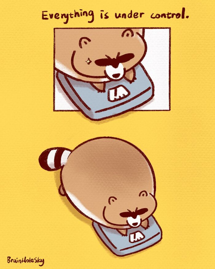 Cute animal comic illustration showing a raccoon on a scale with a humorous, relatable theme.