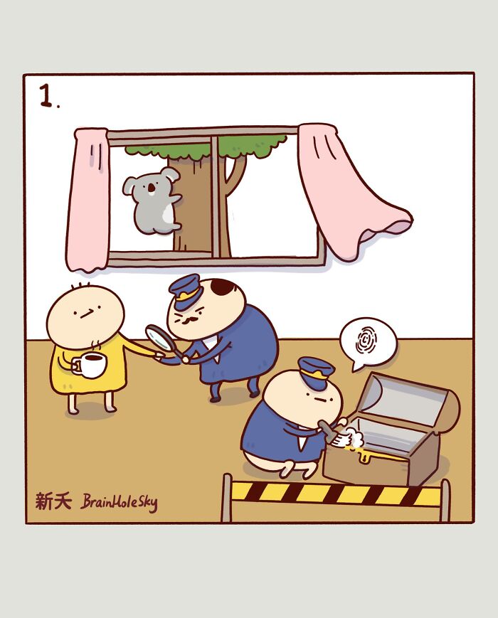 Comic panel showing cute animal characters and police officers in a humorous, relatable scene from a comic series.