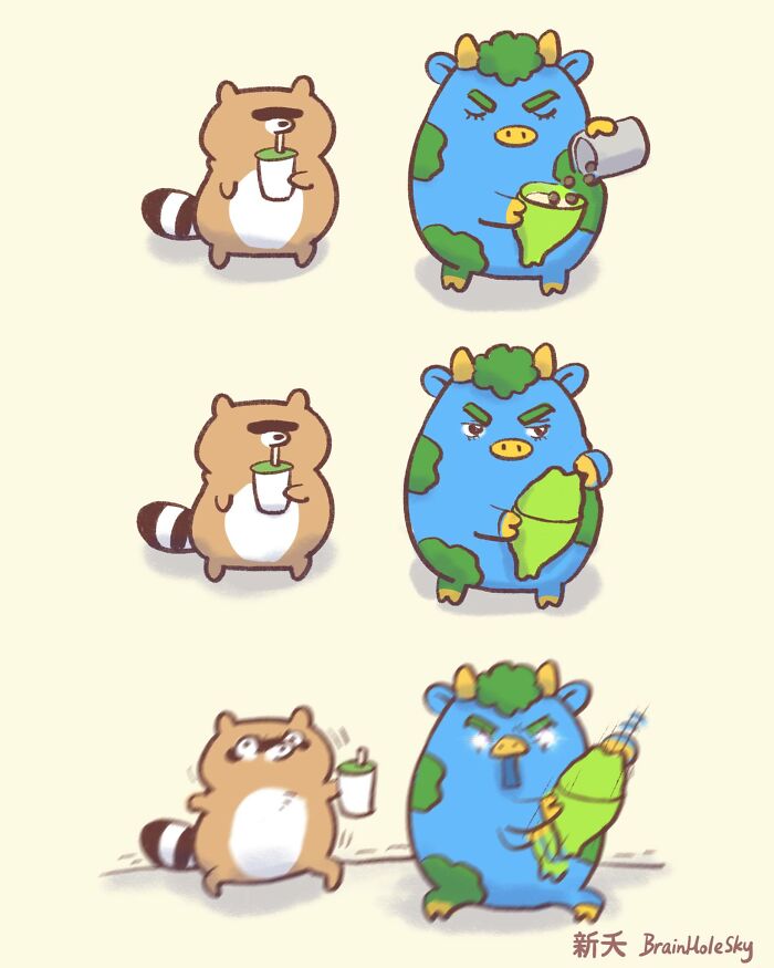 Cute animal comics showing a raccoon and a blue cow in a funny, relatable interaction with a green drink.