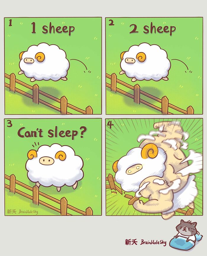 Cute animal comic with hilariously relatable sheep in four panels, showing a funny twist on counting sheep to sleep.