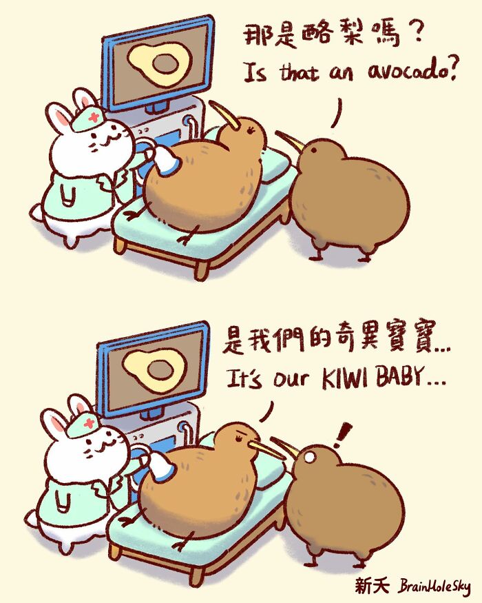 Cute animal comic shows kiwi bird ultrasound with bunny nurse, creating hilariously relatable animal comics by the artist.