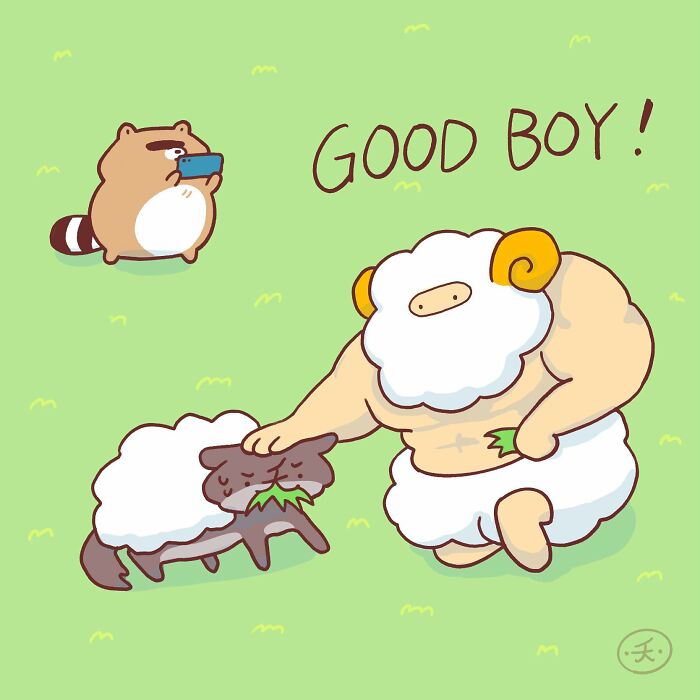 Cute animals featured in a hilariously relatable comic with a muscular sheep character petting a smaller animal.