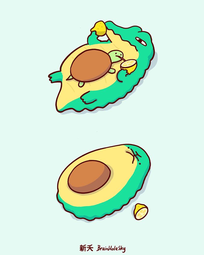 Cute animal comic showing a turtle relaxing on an avocado slice with a lemon, featuring hilarious relatable art.
