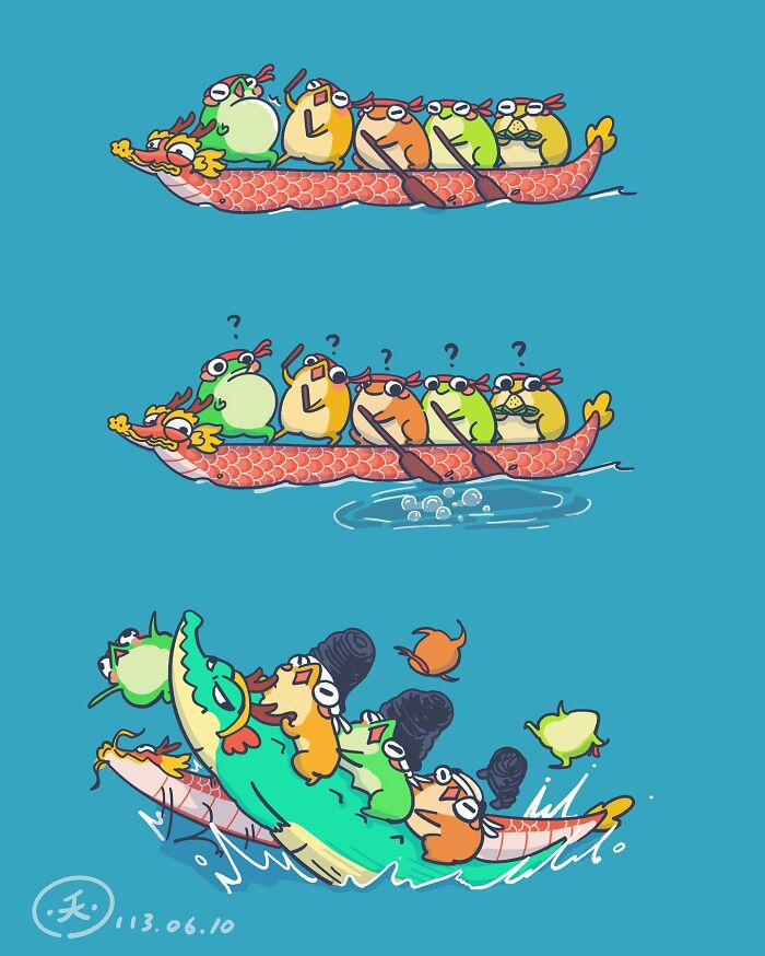 Cute animals in hilariously relatable comics struggling in a dragon boat race with funny expressions and chaotic moments.