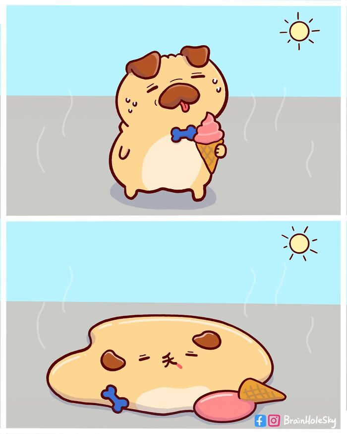 Cute animal comic shows a dog melting under the sun while holding an ice cream cone in a relatable cartoon style.