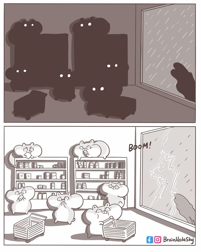 Hilariously relatable comic featuring cute animals reacting to a thunderstorm through a store window.
