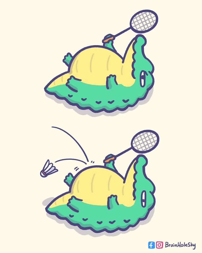 Cute animal comic of a green and yellow alligator playing badminton while lying on its back in a relatable comic style.