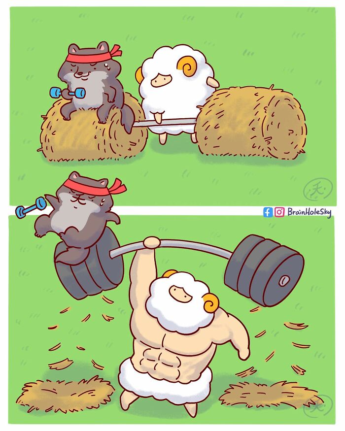 Hilariously relatable comics featuring cute animals showing a sheep and raccoon exercising with hay and weights.