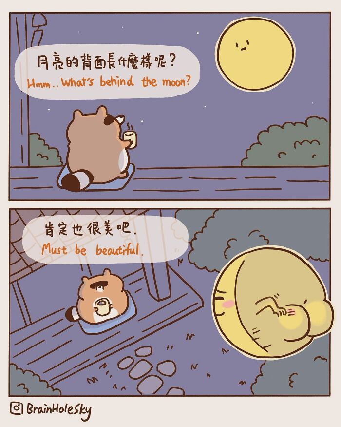 Cute animal comic panel showing a raccoon drinking tea at night, pondering what's behind the moon in a relatable, humorous style.