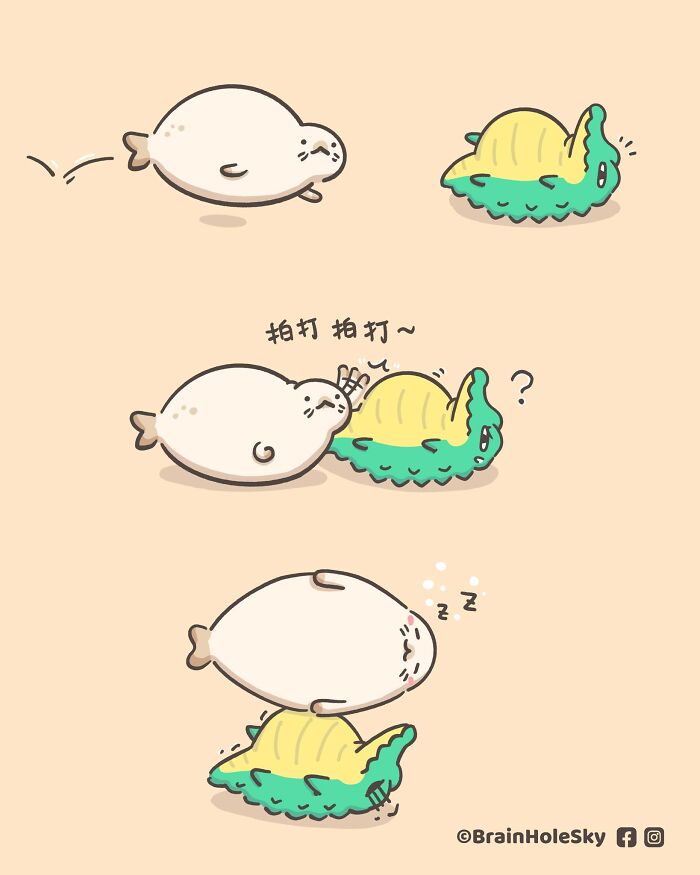 Cute animal comics showing a playful seal interacting with a dragon-like creature in a relatable comic style.