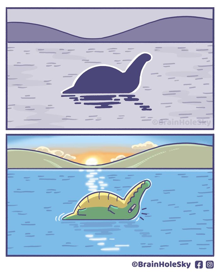 Comic illustration of a cute animal resembling a Loch Ness monster that is actually a cartoon crocodile floating in water.