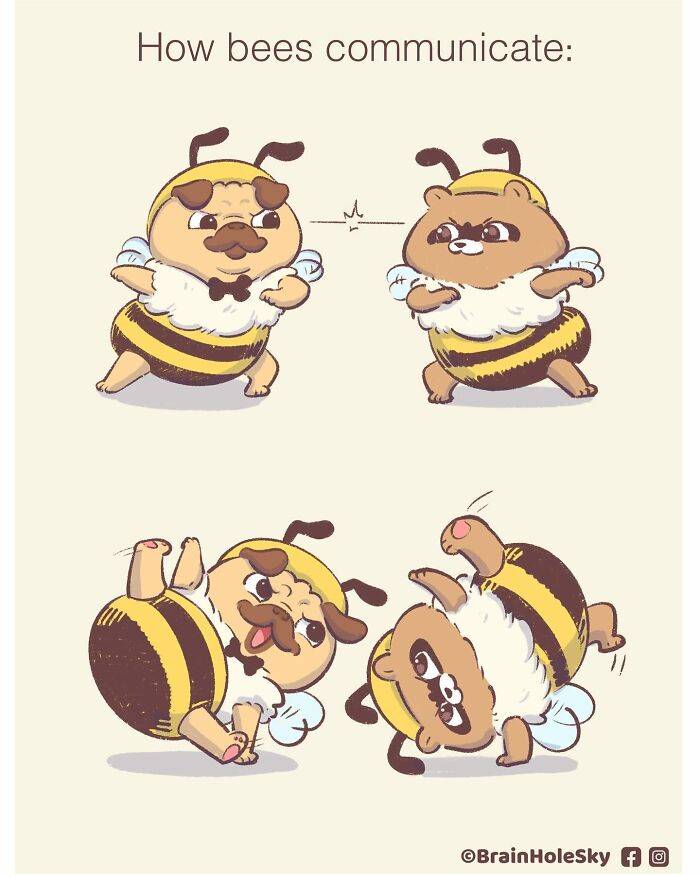 Cute animals in hilarious relatable comics dressed as bees playfully communicating with each other in a fun scene.