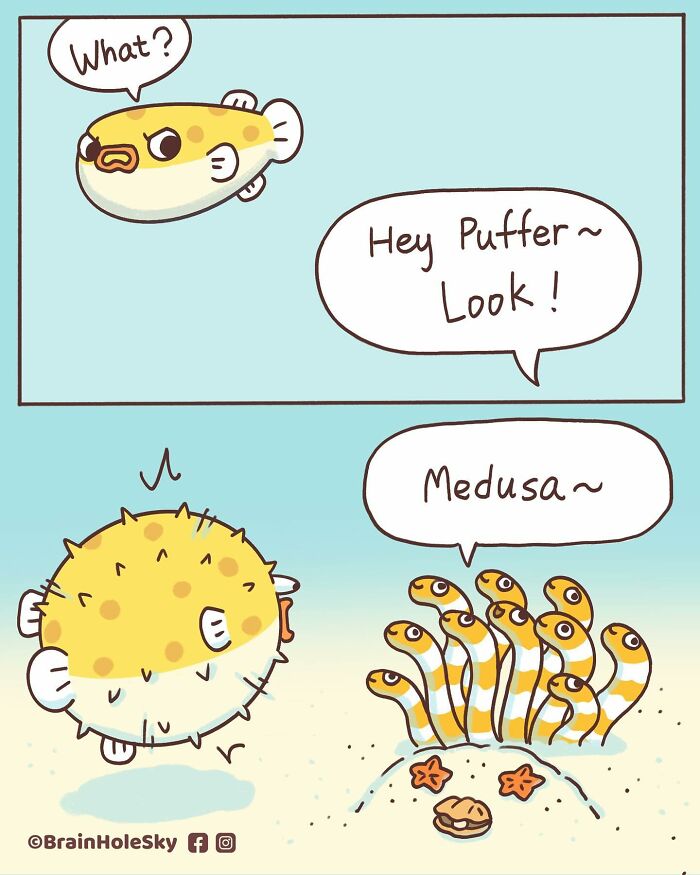 Comic illustration of cute animals featuring a pufferfish and garden eels with humorous relatable dialogue.