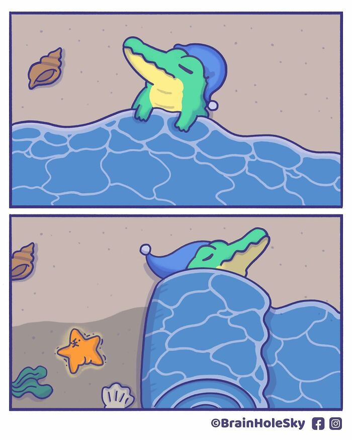 Cute animal comic featuring a sleepy crocodile wearing a nightcap wrapped in a blanket by the water, showcasing relatable humor.