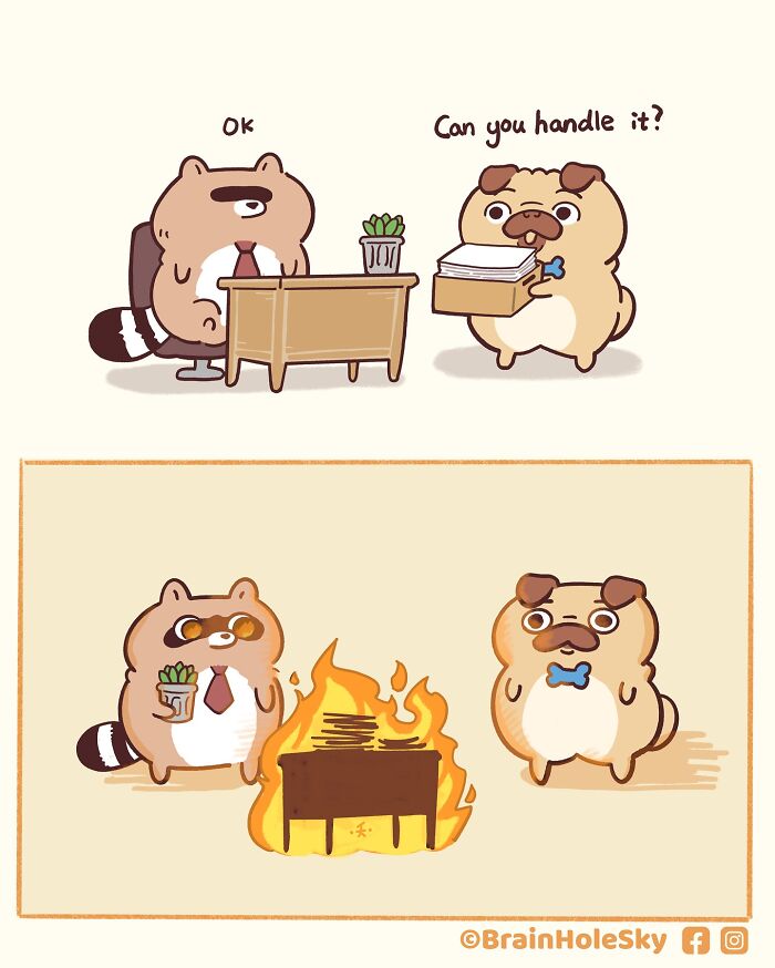 Cartoon comic featuring cute animals, including a raccoon and pug, in a hilariously relatable workplace situation.