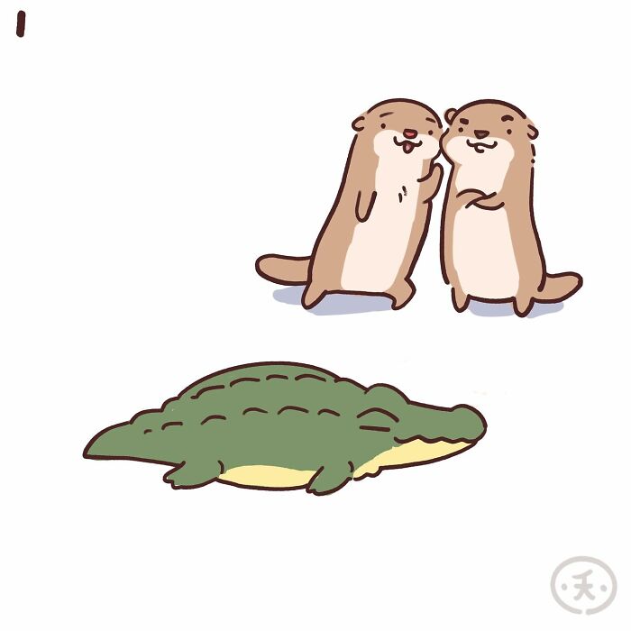 Two cute otters talking beside a resting crocodile in a hilariously relatable comic featuring cute animals.