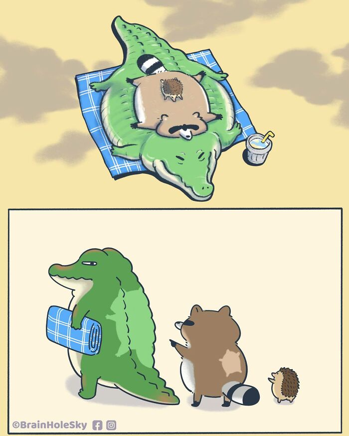 Cute animals in a relatable comic by an artist, featuring a raccoon, hedgehog, and alligator with a picnic theme.