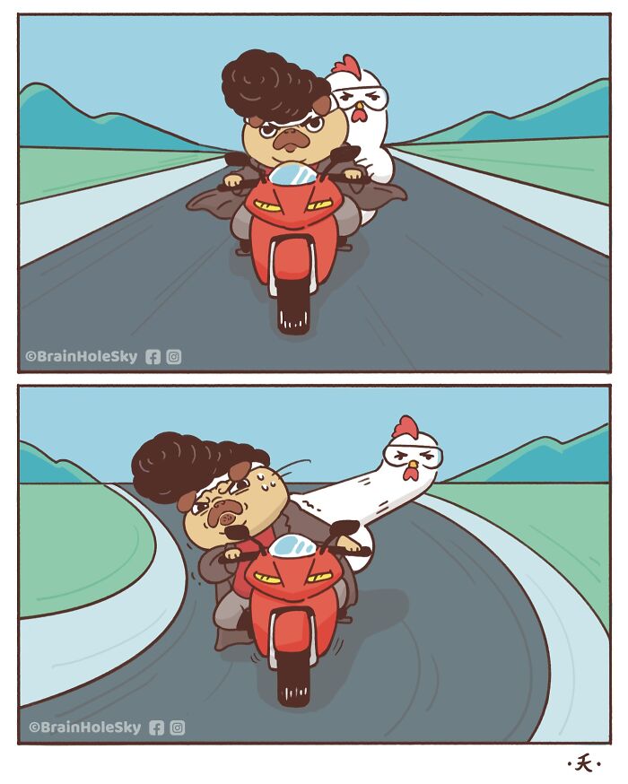Comic strip showing a cute dog and chicken on a motorcycle, depicting a hilariously relatable animal comic scene.