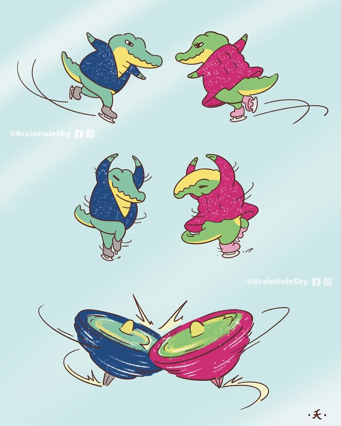 Cartoon cute animals ice skating and spinning tops, showcasing relatable comics by the artist.