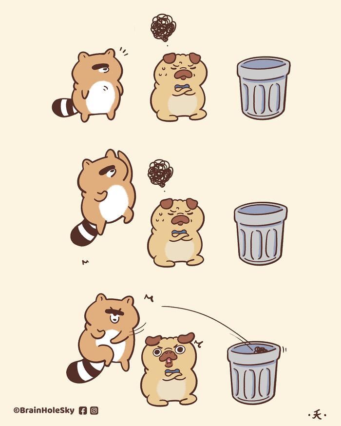 Cute animals in a hilariously relatable comic showing a raccoon helping a sad pug throw trash in a bin.