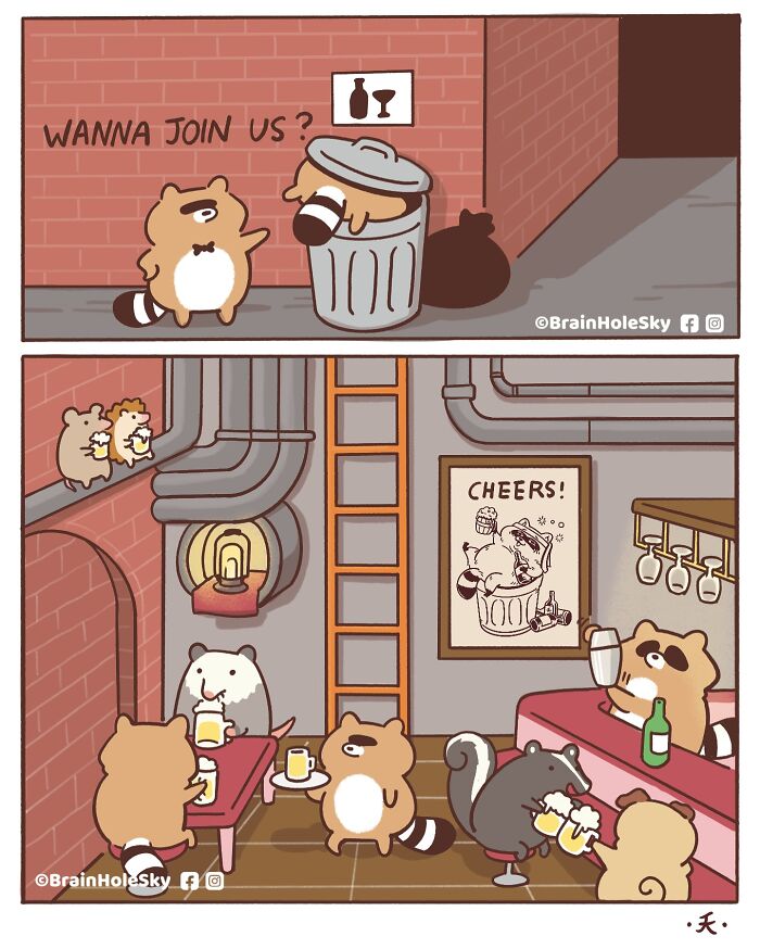 Comic panel of cute animals drinking and socializing in a bar, showcasing hilariously relatable animal comics by the artist.