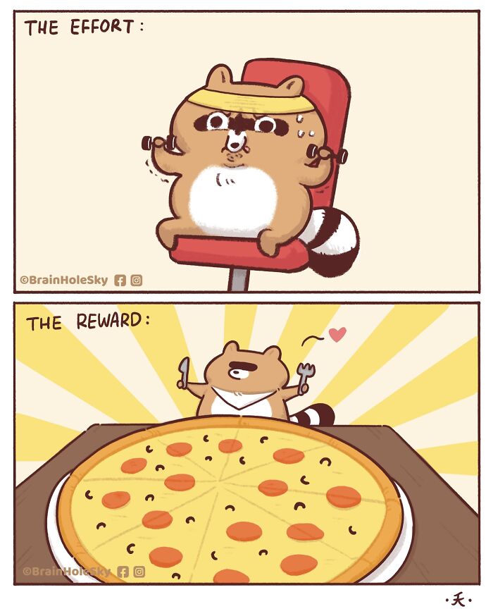 Comic featuring a cute animal working out with weights and happily anticipating a large pizza reward.