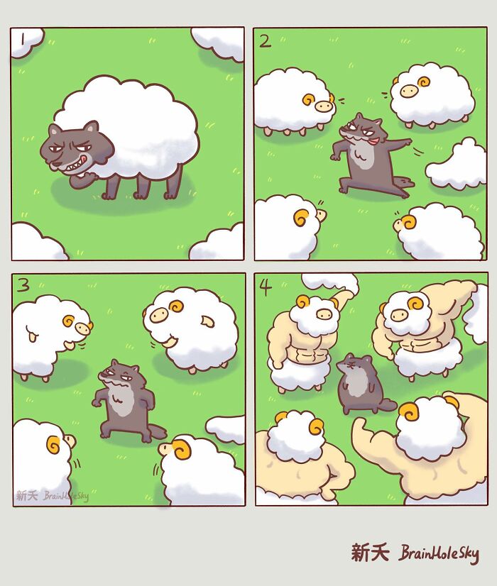 Cute animal comics show a wolf disguised as a sheep surrounded by muscular and normal sheep in a grassy field.