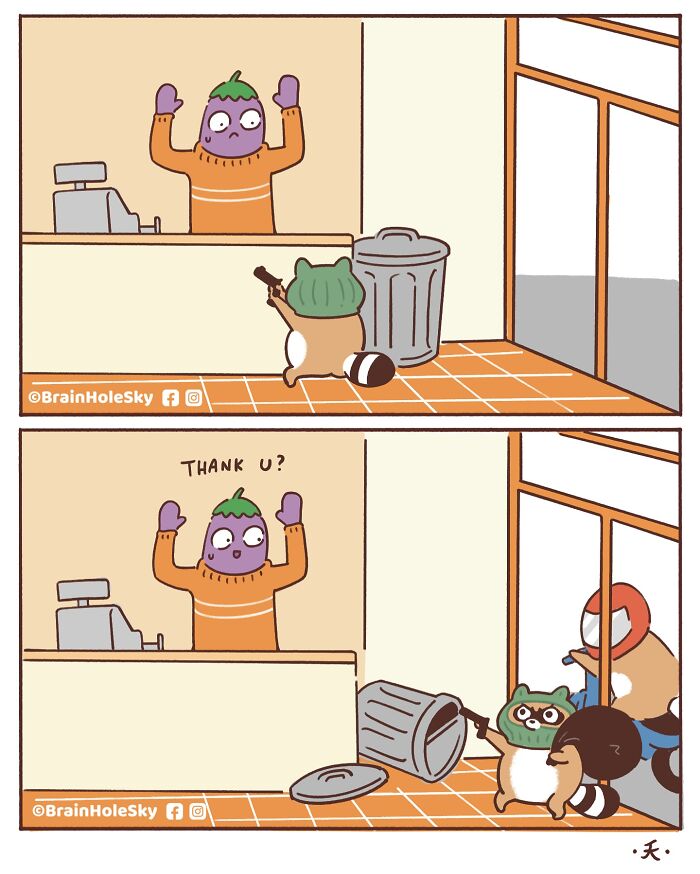 Comic panels featuring hilariously relatable cute animals, including a raccoon and an eggplant character in playful scenes.