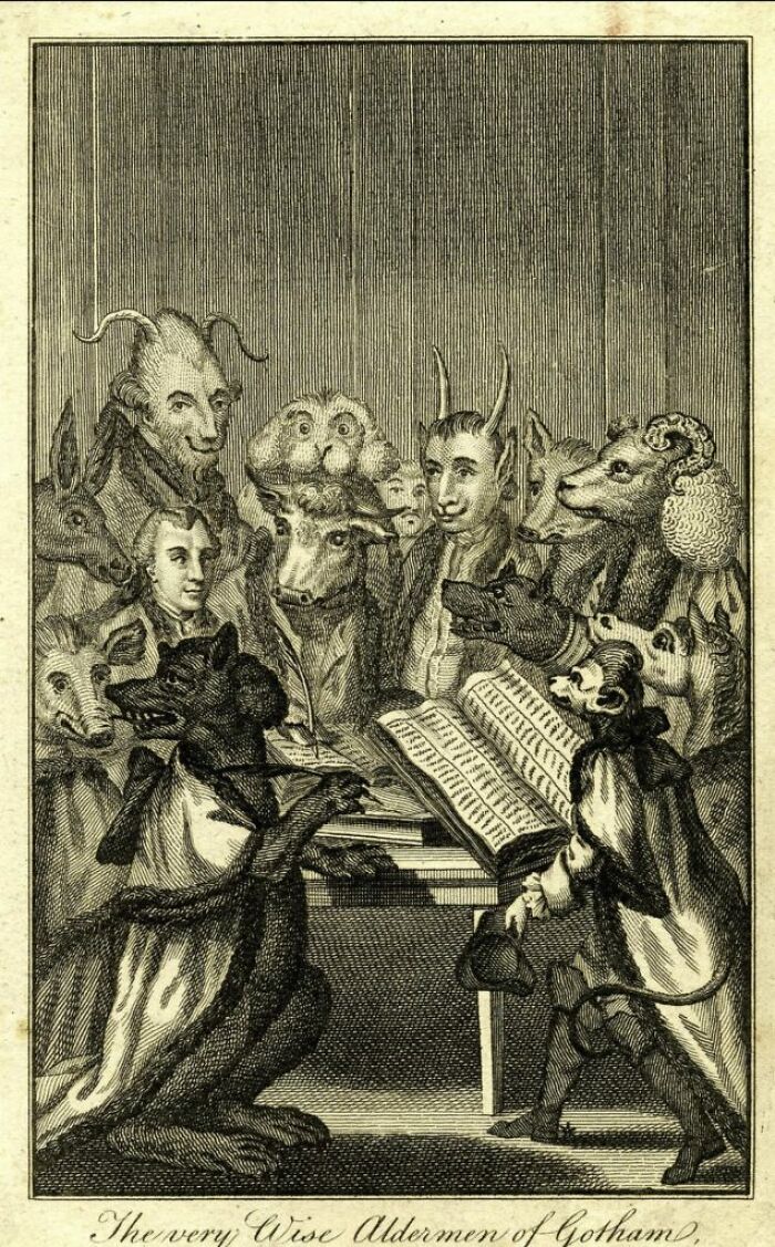 Vintage engraving showing figures with animal heads in formal attire around an open book, reflecting themes of mass panic in Singapore.