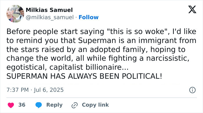Screenshot of a tweet discussing Superman's political background amid the woke Superman reboot and early flop reviews.