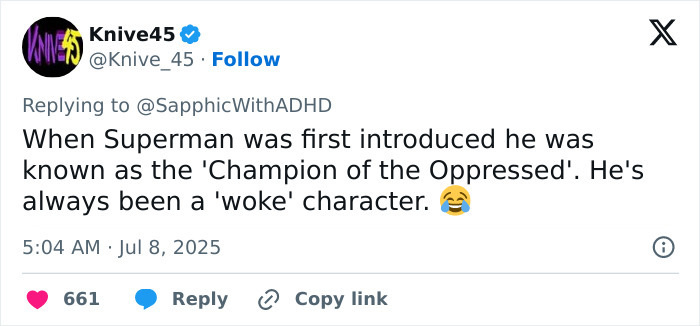Screenshot of a tweet discussing Superman as a woke character and reactions to the woke Superman reboot in early reviews.