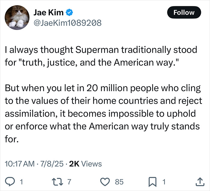 Tweet criticizing woke Superman reboot, highlighting challenges to traditional American values and early negative reception.