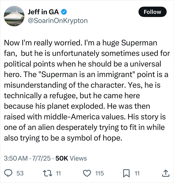 Twitter post expressing concern over woke Superman reboot and its reception in early reviews.