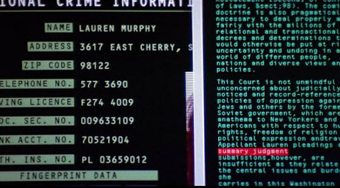 Screen showing criminal information and court judgment text, referencing character Lauren Murphy in Worst Movie Tropes Quiz.