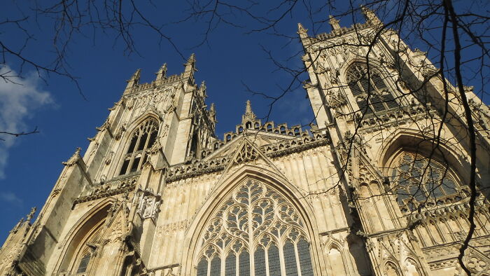 Gothic historic building with ornate windows and towers photographed from below against a clear blue sky and tree branches.