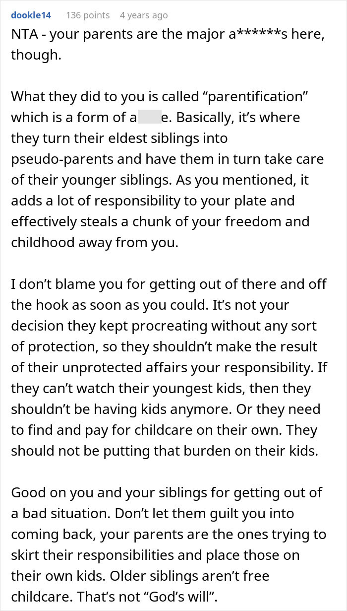 Comment explaining parentification where eldest sibling babysits younger siblings, highlighting burdens and escaping parents' demands. - 28