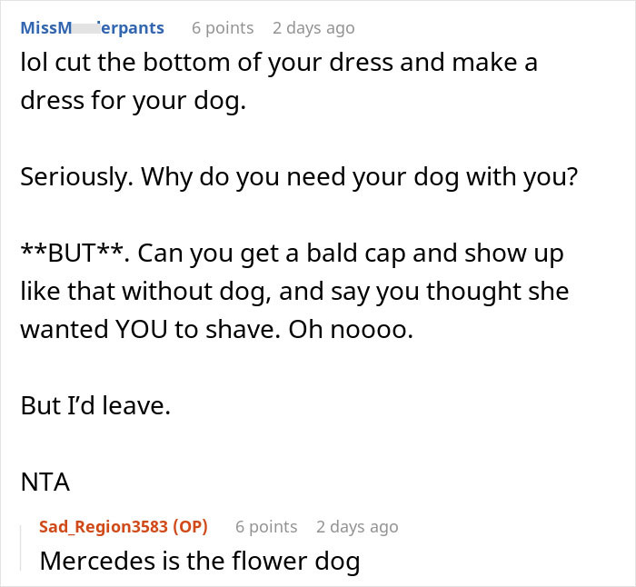 Reddit comments discussing a woman asked to shave her dog for a bride's unusual wedding wishes. - 17