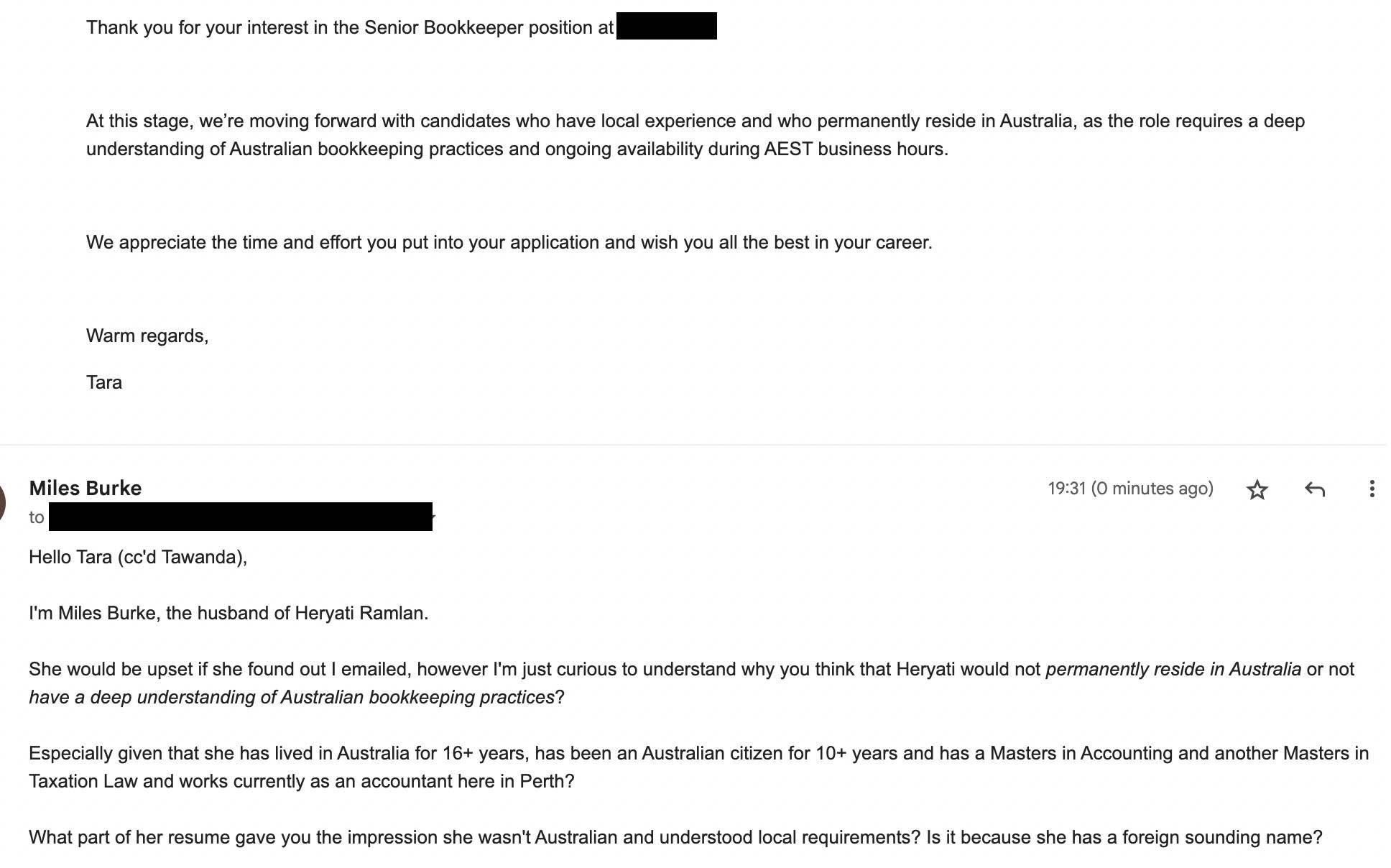 Rejection email for woman with 15 years of experience sparks questions about Australian residency and bookkeeping skills. Rejection email for woman with 15 years of experience sparks questions about Australian residency and bookkeeping skills.