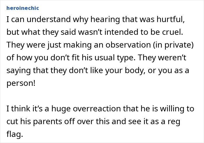 Comment explaining a woman shocked after overhearing boyfriend&rsquo;s parents talking about her and not wanting to see them again.