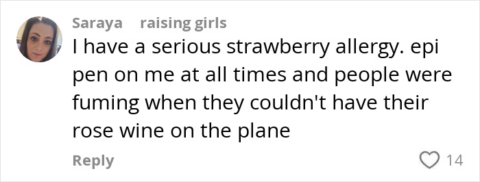 Comment about passenger's allergy request on a flight causing debate over drink restrictions and safety concerns. Comment about passenger's allergy request on a flight causing debate over drink restrictions and safety concerns.