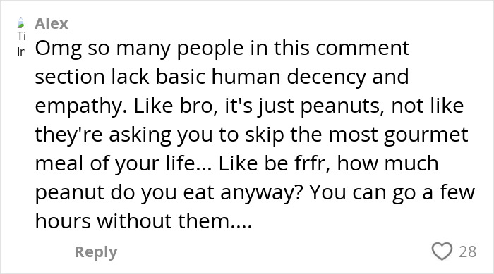 Comment discussing passenger's allergy request on a flight, emphasizing empathy and understanding in the heated debate. Comment discussing passenger's allergy request on a flight, emphasizing empathy and understanding in the heated debate.