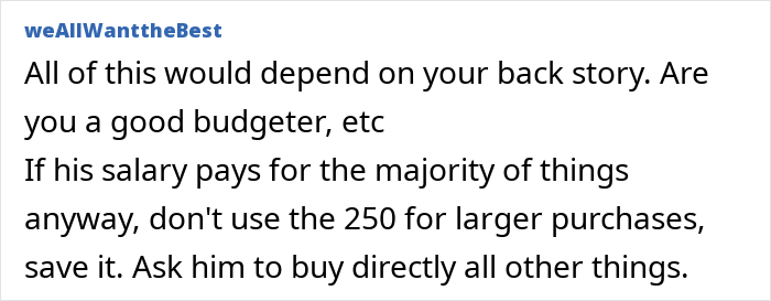 Text excerpt from a discussion about budgeting tips as a mom faces money issues and her husband advises on managing finances. Text excerpt from a discussion about budgeting tips as a mom faces money issues and her husband advises on managing finances.