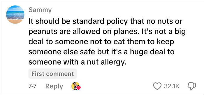 User comment discussing nut allergy requests on flights, highlighting passenger allergy request announcement debate. User comment discussing nut allergy requests on flights, highlighting passenger allergy request announcement debate.