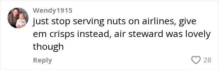 Social media comment discussing passenger's allergy request on a flight and suggesting airlines stop serving nuts. Social media comment discussing passenger's allergy request on a flight and suggesting airlines stop serving nuts.